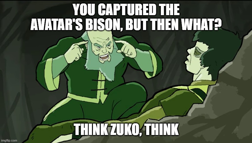 YOU CAPTURED THE AVATAR'S BISON, BUT THEN WHAT? THINK ZUKO, THINK | image tagged in avatar the last airbender,invincible,think mark think | made w/ Imgflip meme maker