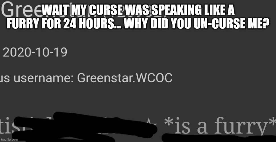 WAIT MY CURSE WAS SPEAKING LIKE A FURRY FOR 24 HOURS... WHY DID YOU UN-CURSE ME? | made w/ Imgflip meme maker