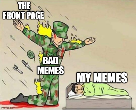 Why is it so hard to get to the front page?! | THE FRONT PAGE; BAD MEMES; MY MEMES | image tagged in soldier protecting sleeping child | made w/ Imgflip meme maker