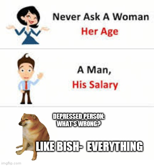Never ask a woman her age | DEPRESSED PERSON:
WHAT'S WRONG? LIKE BISH-  EVERYTHING | image tagged in never ask a woman her age | made w/ Imgflip meme maker