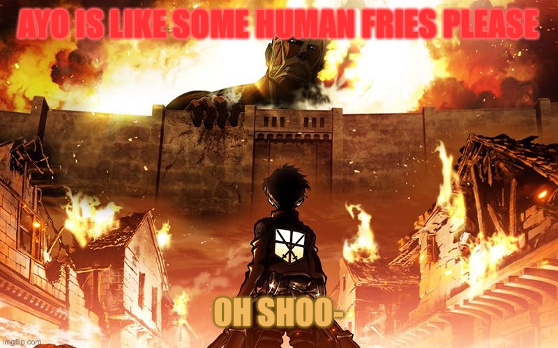 Attack On Titan | AYO IS LIKE SOME HUMAN FRIES PLEASE OH SHOO- | image tagged in attack on titan | made w/ Imgflip meme maker