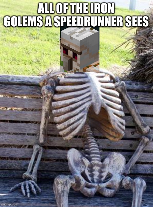 Waiting Skeleton Meme | ALL OF THE IRON GOLEMS A SPEEDRUNNER SEES | image tagged in memes,waiting skeleton | made w/ Imgflip meme maker