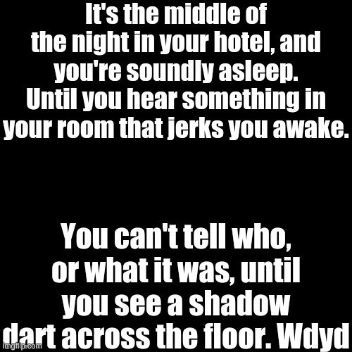 Rp? | It's the middle of the night in your hotel, and you're soundly asleep. Until you hear something in your room that jerks you awake. You can't tell who, or what it was, until you see a shadow dart across the floor. Wdyd | image tagged in memes,blank transparent square | made w/ Imgflip meme maker