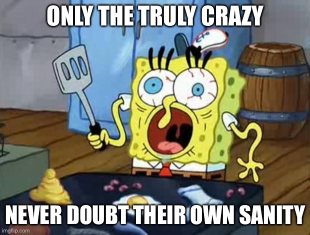 Doubt your sanity | ONLY THE TRULY CRAZY; NEVER DOUBT THEIR OWN SANITY | image tagged in crazy spongebob,insane,insanity | made w/ Imgflip meme maker