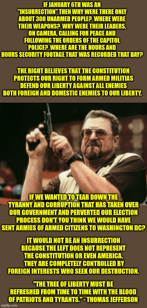 The left is winning the culture war, it is time to go on the offensive.  Not with weapons but truth, reason and logic. | IF JANUARY 6TH WAS AN "INSURRECTION" THEN WHY WERE THERE ONLY ABOUT 300 UNARMED PEOPLE?  WHERE WERE THEIR WEAPONS?  WHY WERE THEIR LEADERS, ON CAMERA, CALLING FOR PEACE AND FOLLOWING THE ORDERS OF THE CAPITOL POLICE?  WHERE ARE THE HOURS AND HOURS SECURITY FOOTAGE THAT WAS RECORDED THAT DAY? THE RIGHT BELIEVES THAT THE CONSTITUTION PROTECTS OUR RIGHT TO FORM ARMED MILITIAS DEFEND OUR LIBERTY AGAINST ALL ENEMIES BOTH FOREIGN AND DOMESTIC ENEMIES TO OUR LIBERTY. IF WE WANTED TO TEAR DOWN THE TYRANNY AND CORRUPTION THAT HAS TAKEN OVER OUR GOVERNMENT AND PERVERTED OUR ELECTION PROCESS DON'T YOU THINK WE WOULD HAVE SENT ARMIES OF ARMED CITIZENS TO WASHINGTON DC? IT WOULD NOT BE AN INSURRECTION BECAUSE THE LEFT DOES NOT REPRESENT THE CONSTITUTION OR EVEN AMERICA.  THEY ARE COMPLETELY CONTROLLED BY FOREIGN INTERESTS WHO SEEK OUR DESTRUCTION. "THE TREE OF LIBERTY MUST BE REFRESHED FROM TIME TO TIME WITH THE BLOOD OF PATRIOTS AND TYRANTS." - THOMAS JEFFERSON | image tagged in jan 6th,domestic enemies,government corruption,voter fraud | made w/ Imgflip meme maker