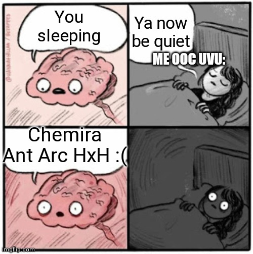 Brain Before Sleep | Ya now be quiet; You sleeping; ME OOC UVU:; Chemira Ant Arc HxH :( | image tagged in brain before sleep | made w/ Imgflip meme maker