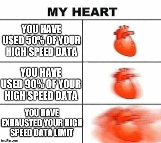 Happened with me daily | YOU HAVE USED 50% OF YOUR HIGH SPEED DATA; YOU HAVE USED 90% OF YOUR HIGH SPEED DATA; YOU HAVE EXHAUSTED YOUR HIGH SPEED DATA LIMIT | image tagged in my heart blank,fun,meme,heartbreaking | made w/ Imgflip meme maker