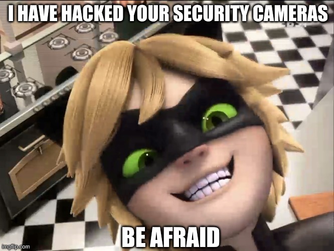 I have hacked your security cameras | I HAVE HACKED YOUR SECURITY CAMERAS; BE AFRAID | image tagged in chat noir | made w/ Imgflip meme maker