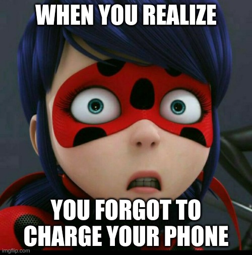 When you realize you forgot to charge your phone |  WHEN YOU REALIZE; YOU FORGOT TO CHARGE YOUR PHONE | image tagged in ladybug | made w/ Imgflip meme maker