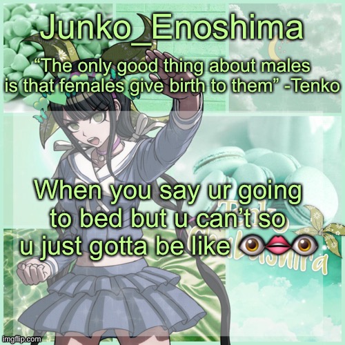 Junko's Tenko temp | When you say ur going to bed but u can’t so u just gotta be like 👁👄👁 | image tagged in junko's tenko temp | made w/ Imgflip meme maker