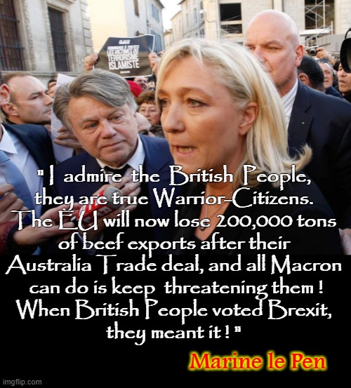When the British voted for Brexit, they meant it ! | " I  admire  the  British  People,
they are true Warrior-Citizens.
The EU will now lose 200,000 tons
of beef exports after their
Australia Trade deal, and all Macron
 can do is keep  threatening them !
When British People voted Brexit,
they meant it ! "; Marine le Pen | image tagged in marine | made w/ Imgflip meme maker