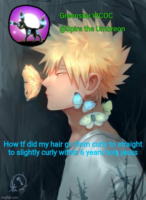 Spire Bakugou announcement temp | How tf did my hair go from curly to straight to slightly curly within 6 years holy jesus | image tagged in spire bakugou announcement temp | made w/ Imgflip meme maker