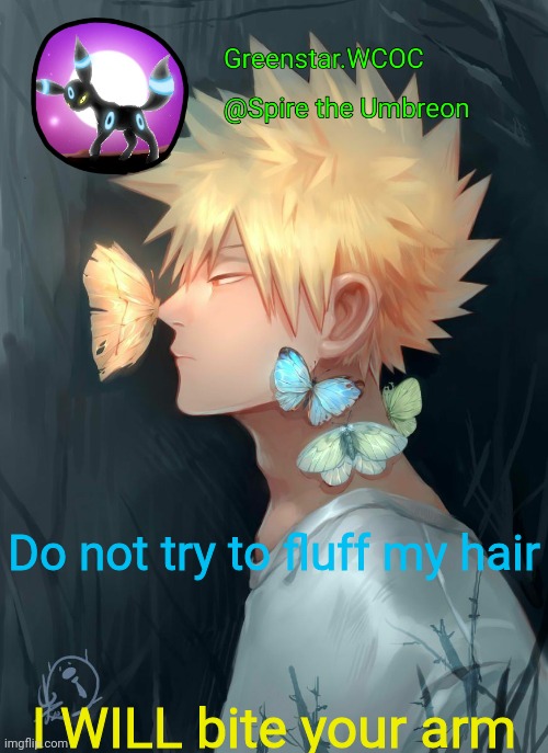 Spire Bakugou announcement temp | Do not try to fluff my hair; I WILL bite your arm | image tagged in spire bakugou announcement temp | made w/ Imgflip meme maker