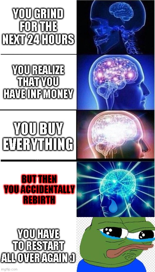 Expanding Brain Meme | YOU GRIND FOR THE NEXT 24 HOURS; YOU REALIZE THAT YOU HAVE INF MONEY; YOU BUY EVERYTHING; BUT THEN YOU ACCIDENTALLY REBIRTH; YOU HAVE TO RESTART ALL OVER AGAIN :) | image tagged in memes,expanding brain | made w/ Imgflip meme maker