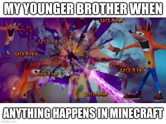 It's True. | MY YOUNGER BROTHER WHEN; ANYTHING HAPPENS IN MINECRAFT | image tagged in woah | made w/ Imgflip meme maker