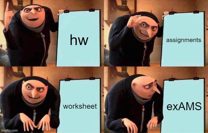 school nowadays | hw; assignments; worksheet; exAMS | image tagged in memes,gru's plan | made w/ Imgflip meme maker