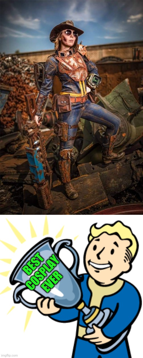 SHE GETS A TROPHY FOR THAT ONE | BEST COSPLAY EVER | image tagged in fallout 4,fallout,cosplay,vault boy | made w/ Imgflip meme maker