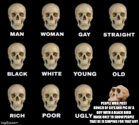idiot skull | PEOPLE WHO POST BUNCH OF GIFS AND PIC OF A GUY WITH A BLACK BIRD MASK ONLY TO SHOW PEOPLE THAT HE IS SIMPING FOR THAT GUY | image tagged in idiot skull | made w/ Imgflip meme maker