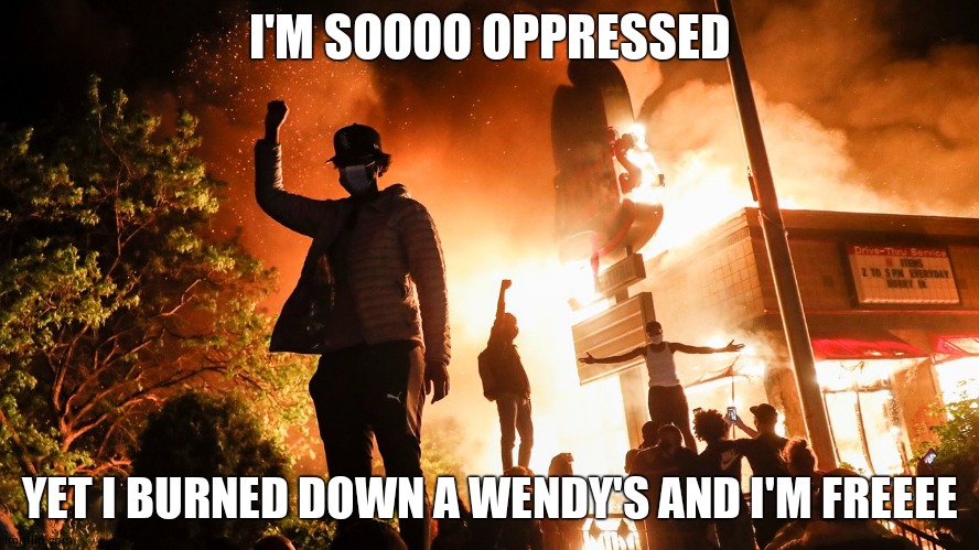 BLM Riots | I'M SOOOO OPPRESSED YET I BURNED DOWN A WENDY'S AND I'M FREEEE | image tagged in blm riots | made w/ Imgflip meme maker