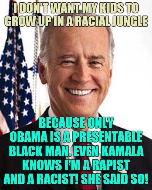 Even Kamala admits the truth, until Biden bought her off with a VP position. We all know. He grooms. He hates. He's a WN | I DON'T WANT MY KIDS TO GROW UP IN A RACIAL JUNGLE; BECAUSE ONLY OBAMA IS A PRESENTABLE BLACK MAN. EVEN KAMALA KNOWS I'M A RAPIST AND A RACIST! SHE SAID SO! | image tagged in memes,joe biden,groom | made w/ Imgflip meme maker