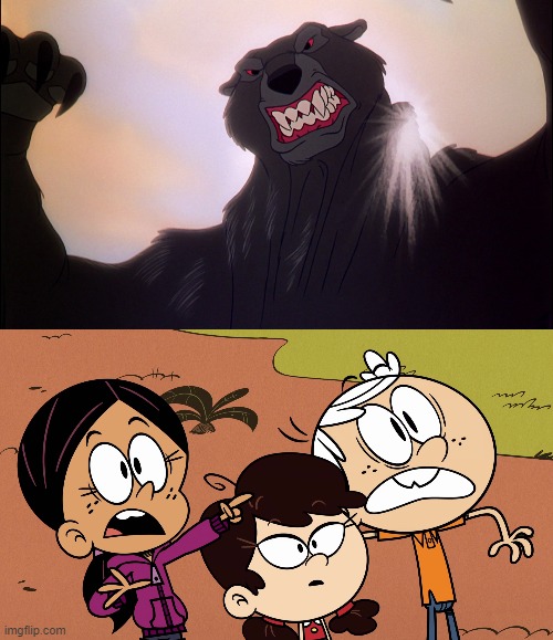 The bear scares Ronnie Anne, Lincoln, and Adelaide | image tagged in disney,the loud house | made w/ Imgflip meme maker