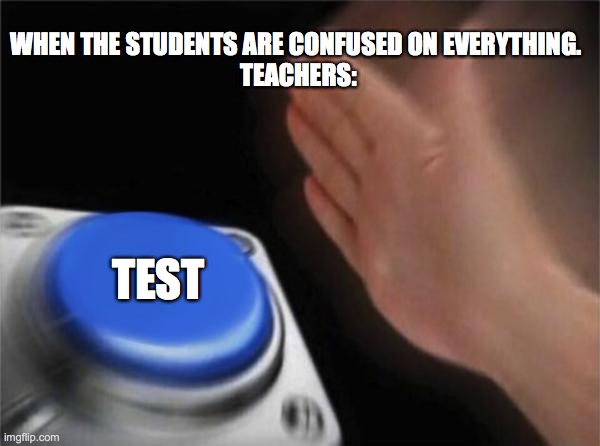 Blank Nut Button | WHEN THE STUDENTS ARE CONFUSED ON EVERYTHING. 
TEACHERS:; TEST | image tagged in memes,blank nut button | made w/ Imgflip meme maker