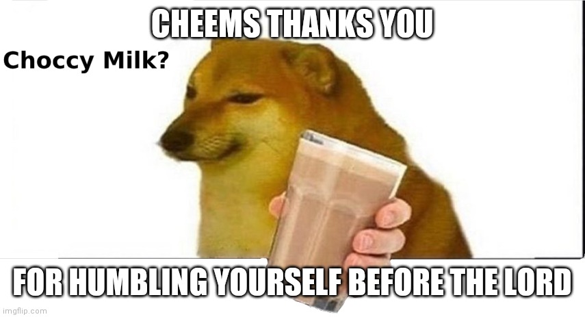doge choccy milk | CHEEMS THANKS YOU; FOR HUMBLING YOURSELF BEFORE THE LORD | image tagged in doge choccy milk | made w/ Imgflip meme maker