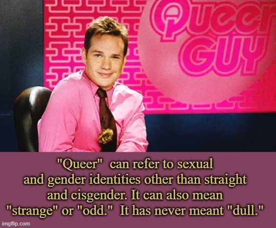 About Meaning of Queer | "Queer"  can refer to sexual and gender identities other than straight and cisgender. It can also mean "strange" or "odd."  It has never meant "dull." | image tagged in queer guy,memes | made w/ Imgflip meme maker