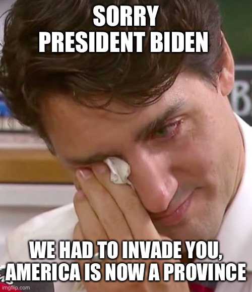 Is it too late to say sorry? | SORRY PRESIDENT BIDEN; WE HAD TO INVADE YOU, AMERICA IS NOW A PROVINCE | image tagged in justin trudeau crying,memes,is it too late to say sorry | made w/ Imgflip meme maker