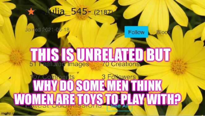 -Julia_545- announcement | THIS IS UNRELATED BUT; WHY DO SOME MEN THINK WOMEN ARE TOYS TO PLAY WITH? | image tagged in -julia_545- announcement,sexism,sexist | made w/ Imgflip meme maker