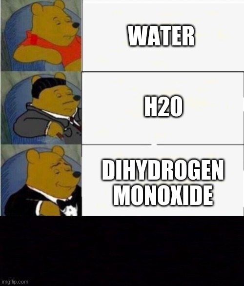 Tuxedo Winnie the Pooh 4 panel | WATER; H20; DIHYDROGEN MONOXIDE | image tagged in tuxedo winnie the pooh 4 panel,memes,funny | made w/ Imgflip meme maker