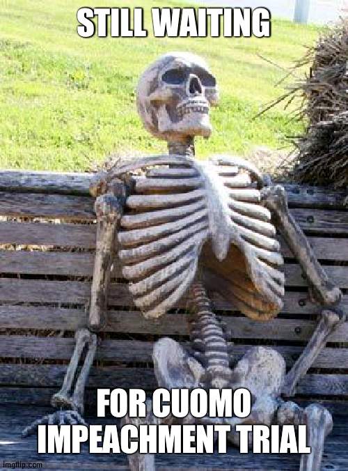 Been nearly half a year | STILL WAITING; FOR CUOMO IMPEACHMENT TRIAL | image tagged in memes,waiting skeleton,andrew cuomo | made w/ Imgflip meme maker