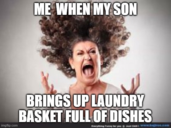 ME  WHEN MY SON BRINGS UP LAUNDRY BASKET FULL OF DISHES | image tagged in crazy woman | made w/ Imgflip meme maker