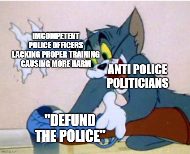 Tom and Jerry | IMCOMPETENT POLICE OFFICERS LACKING PROPER TRAINING CAUSING MORE HARM; ANTI POLICE POLITICIANS; "DEFUND THE POLICE" | image tagged in tom and jerry | made w/ Imgflip meme maker