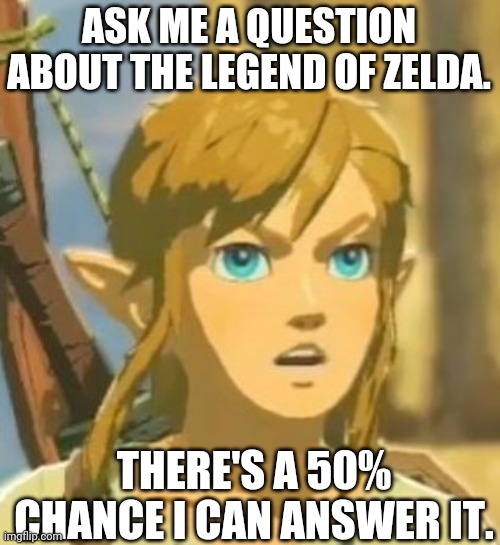 Offended Link | ASK ME A QUESTION ABOUT THE LEGEND OF ZELDA. THERE'S A 50% CHANCE I CAN ANSWER IT. | image tagged in offended link | made w/ Imgflip meme maker