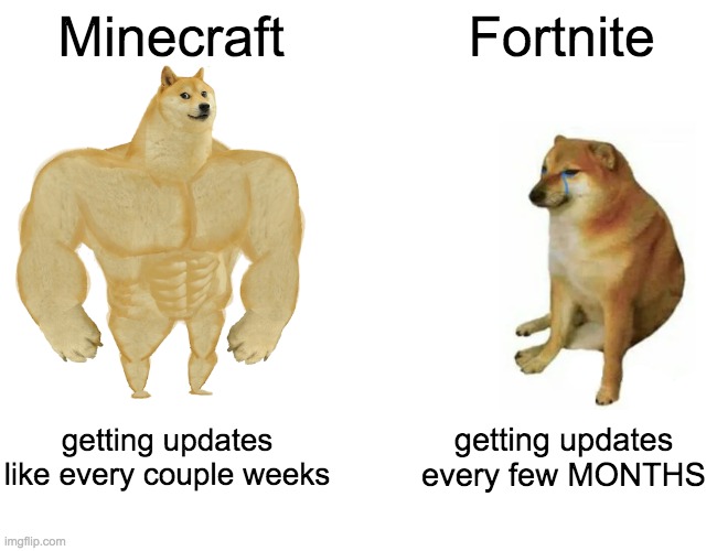 Buff Doge vs. Cheems | Minecraft; Fortnite; getting updates like every couple weeks; getting updates every few MONTHS | image tagged in memes,buff doge vs cheems | made w/ Imgflip meme maker