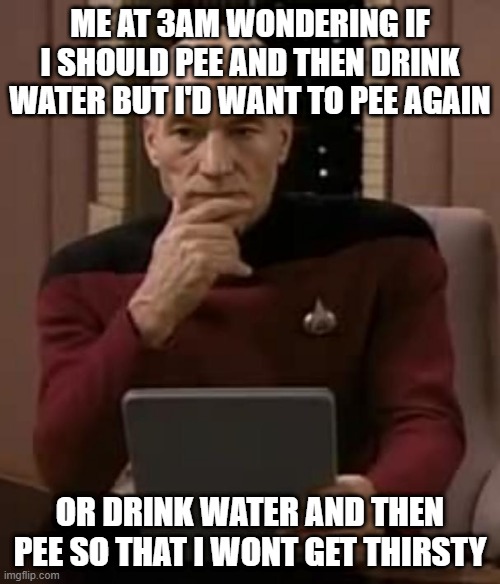 picard thinking | ME AT 3AM WONDERING IF I SHOULD PEE AND THEN DRINK WATER BUT I'D WANT TO PEE AGAIN; OR DRINK WATER AND THEN PEE SO THAT I WONT GET THIRSTY | image tagged in picard thinking | made w/ Imgflip meme maker