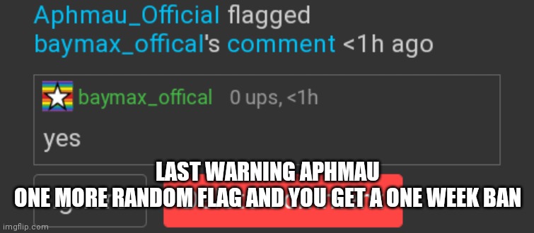 LAST WARNING APHMAU
ONE MORE RANDOM FLAG AND YOU GET A ONE WEEK BAN | made w/ Imgflip meme maker
