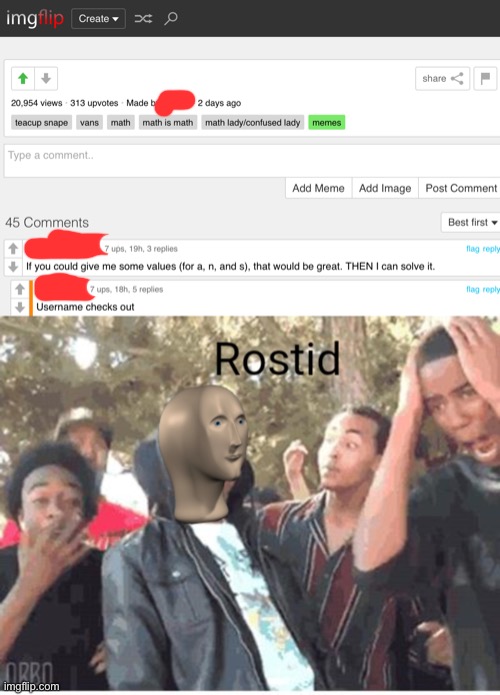 TBH, I don’t get the roast but I presume because of the username. | image tagged in meme man rostid,roast | made w/ Imgflip meme maker