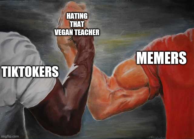 Our common enemy... | HATING THAT VEGAN TEACHER; MEMERS; TIKTOKERS | image tagged in arm wrestling meme template | made w/ Imgflip meme maker