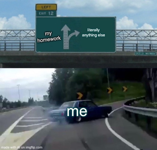 Left Exit 12 Off Ramp | literally anything else; my homework; me | image tagged in memes,left exit 12 off ramp | made w/ Imgflip meme maker