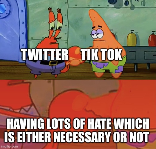 Some of the hate these 2 received is either necessary or unnecessary |  TWITTER     TIK TOK; HAVING LOTS OF HATE WHICH IS EITHER NECESSARY OR NOT | image tagged in patrick and mr krabs handshake,tik tok,twitter | made w/ Imgflip meme maker