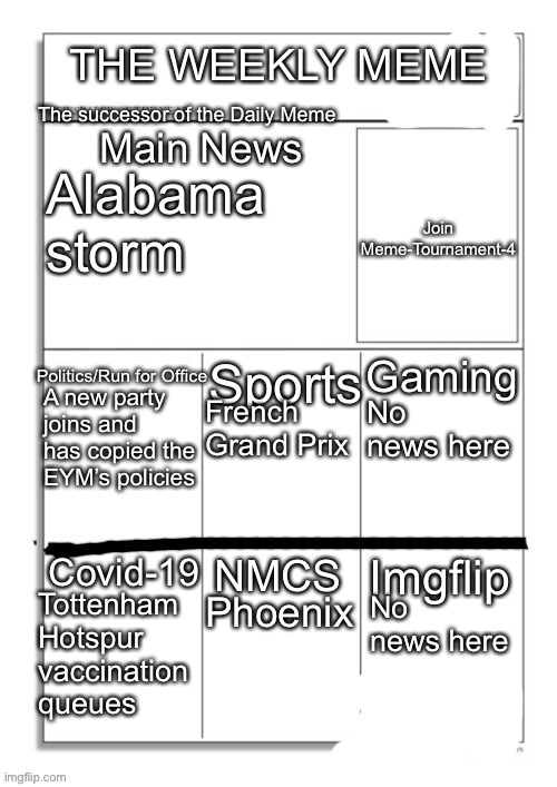 20th June, 2021 |  Join Meme-Tournament-4; Alabama storm; A new party joins and has copied the EYM’s policies; French Grand Prix; No news here; Tottenham Hotspur vaccination queues; Phoenix; No news here | image tagged in the weekly meme | made w/ Imgflip meme maker