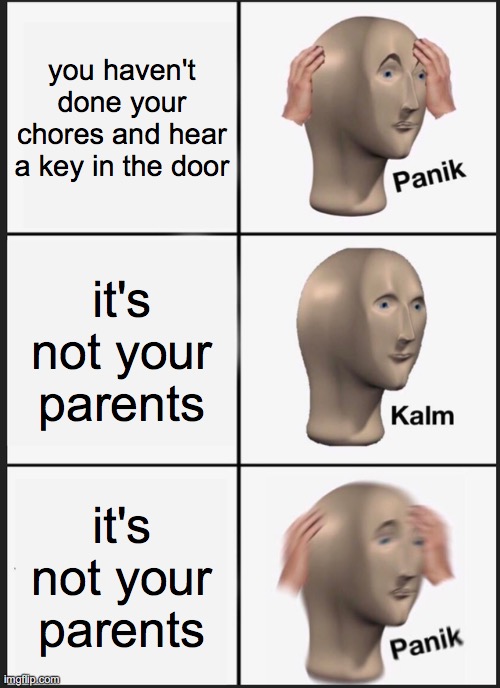 home alone | you haven't done your chores and hear a key in the door; it's not your parents; it's not your parents | image tagged in memes,panik kalm panik | made w/ Imgflip meme maker