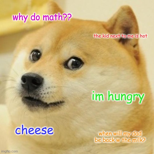 my mind in algebra | why do math?? the kid next to me is hot; im hungry; cheese; when will my dad be back w the milk? | image tagged in memes,doge | made w/ Imgflip meme maker