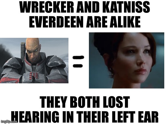 Blank White Template | WRECKER AND KATNISS EVERDEEN ARE ALIKE; THEY BOTH LOST HEARING IN THEIR LEFT EAR | image tagged in blank white template | made w/ Imgflip meme maker