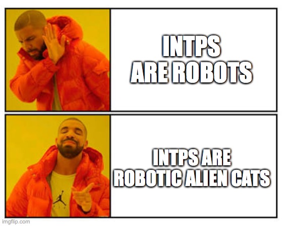 intp randomness | INTPS ARE ROBOTS; INTPS ARE ROBOTIC ALIEN CATS | image tagged in no - yes | made w/ Imgflip meme maker