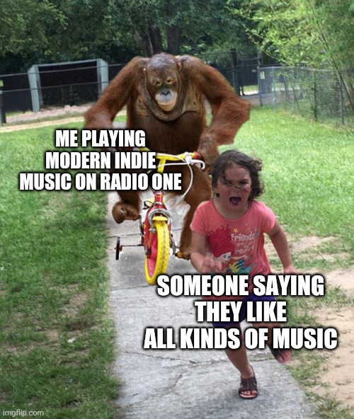Orangutan chasing girl on a tricycle | ME PLAYING MODERN INDIE MUSIC ON RADIO ONE; SOMEONE SAYING THEY LIKE ALL KINDS OF MUSIC | image tagged in orangutan chasing girl on a tricycle,memes | made w/ Imgflip meme maker