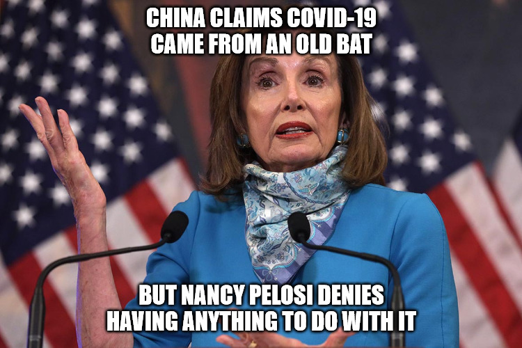 Nancy Pelosi Old Bat | CHINA CLAIMS COVID-19 CAME FROM AN OLD BAT; BUT NANCY PELOSI DENIES HAVING ANYTHING TO DO WITH IT | image tagged in nancy pelosi,covid-19,bat | made w/ Imgflip meme maker
