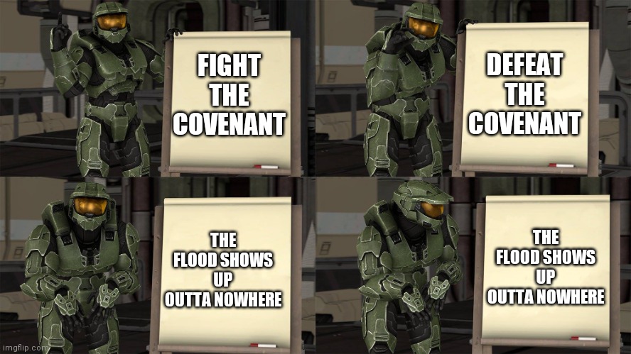 There will always be an obstacle in your path, and TheFlood was no different | DEFEAT THE COVENANT; FIGHT THE COVENANT; THE FLOOD SHOWS UP OUTTA NOWHERE; THE FLOOD SHOWS UP OUTTA NOWHERE | image tagged in master chief's plan- despicable me halo | made w/ Imgflip meme maker